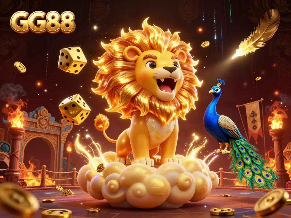 Engage in exciting gameplay at GG88, featuring a vibrant 3D cartoon lion and dynamic casino elements.