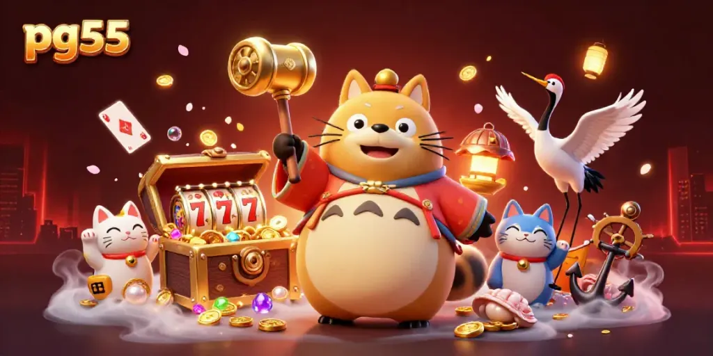 Experience thrilling slots and fortune with pg55's cartoon characters amidst a dynamic casino scene.