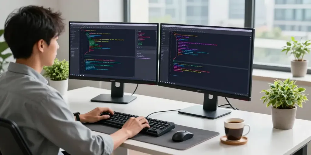 Developer using Notepad++ in a modern office workspace with dual monitors, coffee, and natural light.