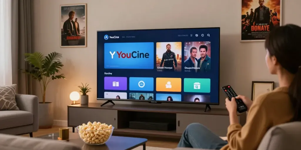 Caixa de TV YouCine em uma sala moderna com TV de tela plana e ambiente aconchegante.