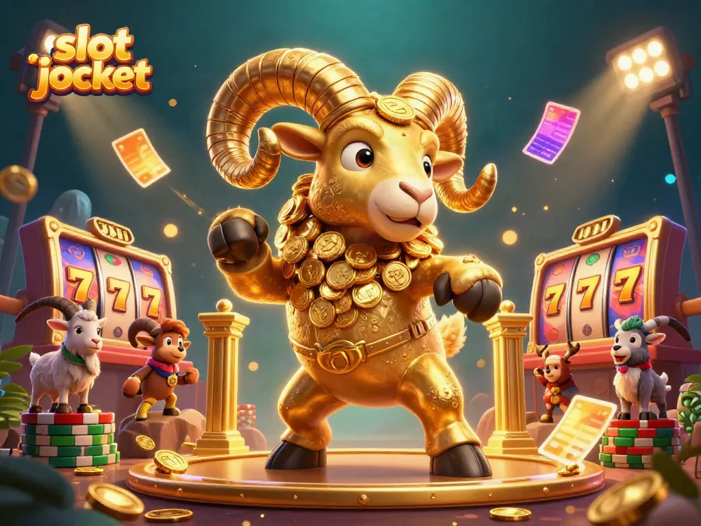 Witness the excitement of slot jackpot action with a golden ram charging at a golden gate amidst vibrant gaming elements.