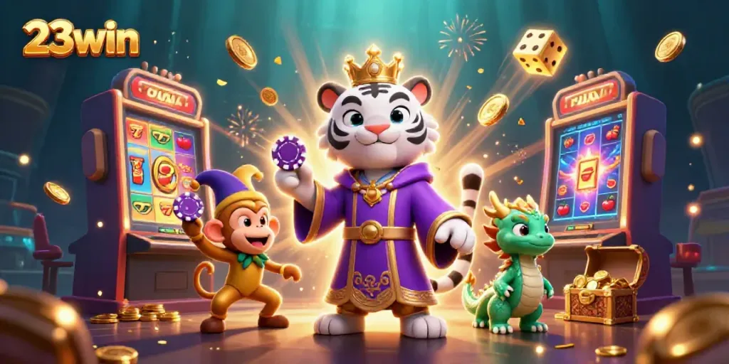 Engage with 23win's vibrant casino world featuring characters, jackpots, and dynamic gaming elements.