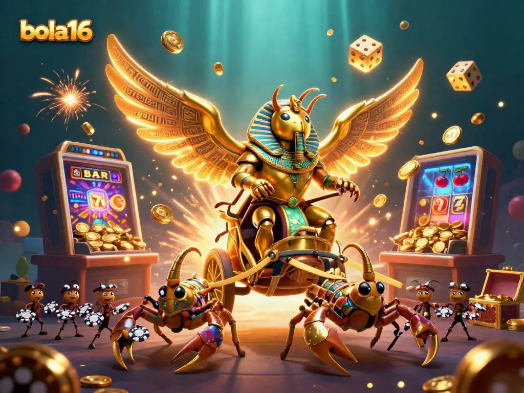Bola16 engaging players with a golden scarab beetle and dynamic casino elements featuring a massive jackpot burst.