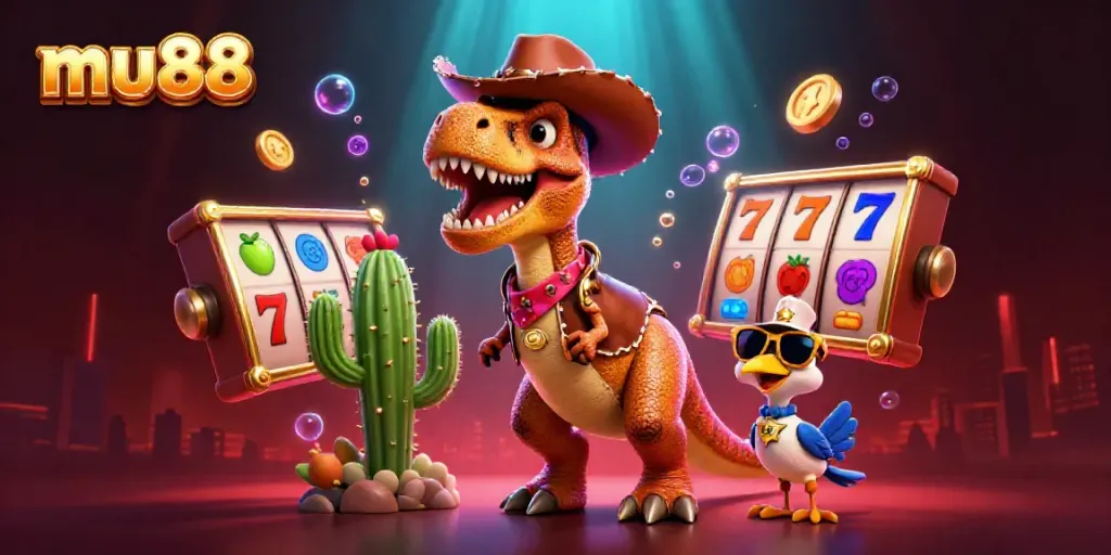 Engaging mu88 scene features a T-Rex, cactus, and roadrunner with lively slot symbols and vibrant colors for casino promotion.