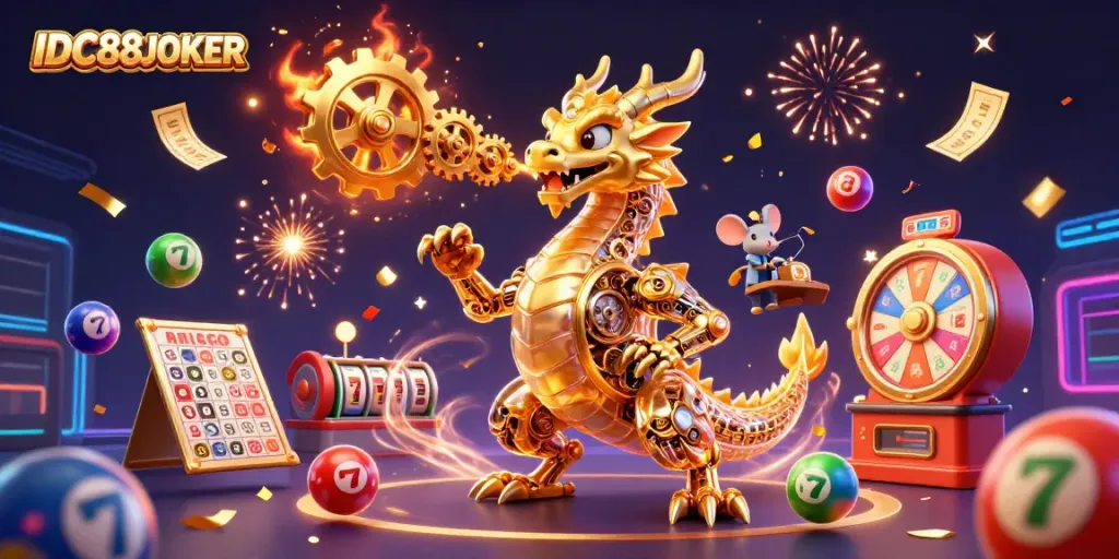 Witness the captivating scene as IDC88JOKER's golden dragon breathes gears among lottery elements and slot machines.