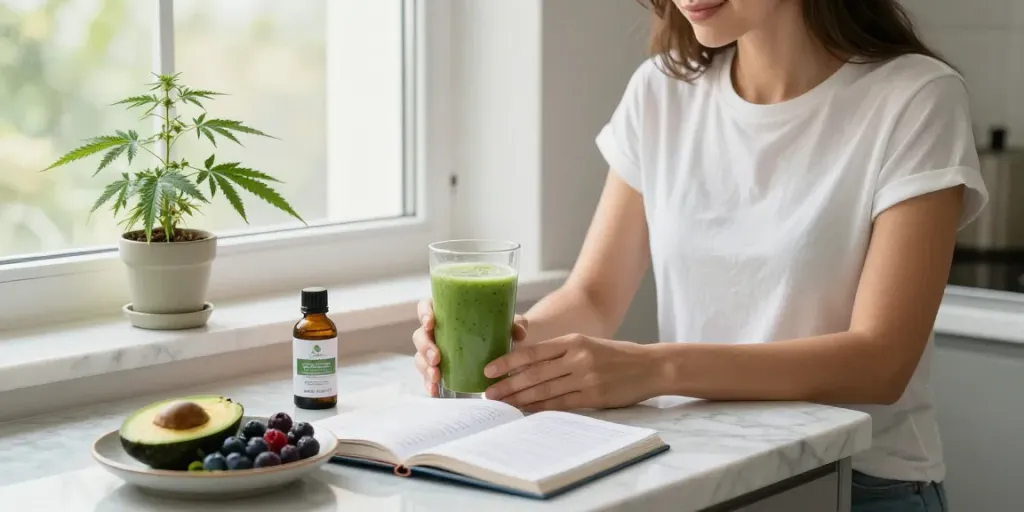Affordable cannabis flower showcased in a serene kitchen with CBD oil and fresh hemp, promoting wellness.