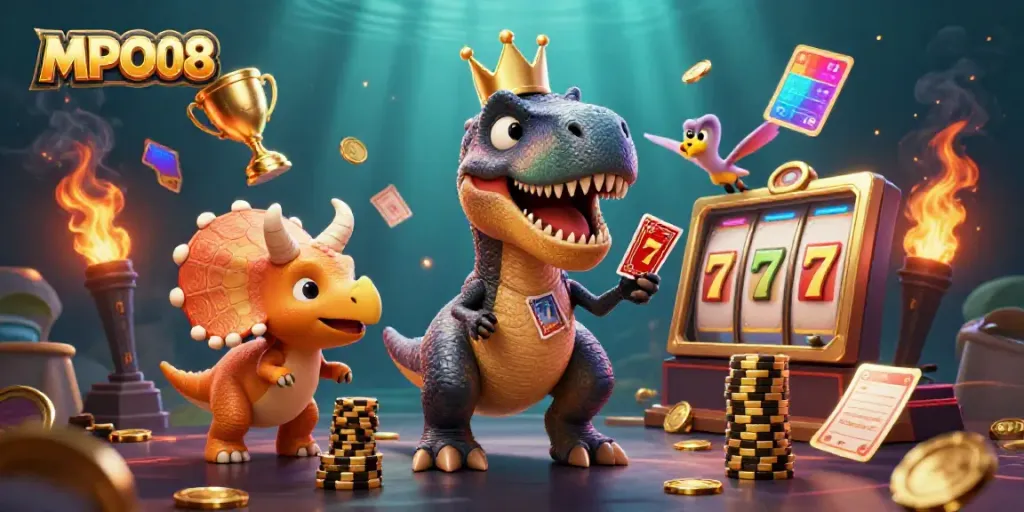 MPO08 offers a fun gambling experience with a T-Rex shuffling cards and a triceratops stacking chips.
