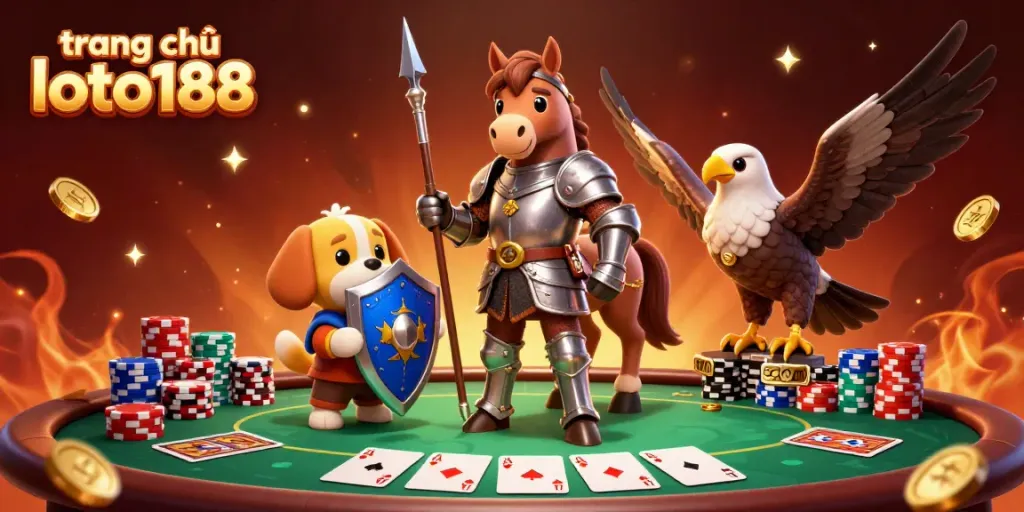 Engage in the vibrant gaming world depicted in this "trang chủ loto188" casino illustration featuring knights and gambling elements.