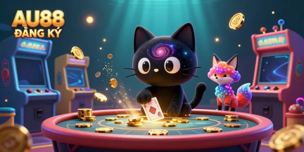 Experience the excitement of AU88 ĐĂNG KÝ with a cosmic cat at a vibrant casino table, drawing in gold.