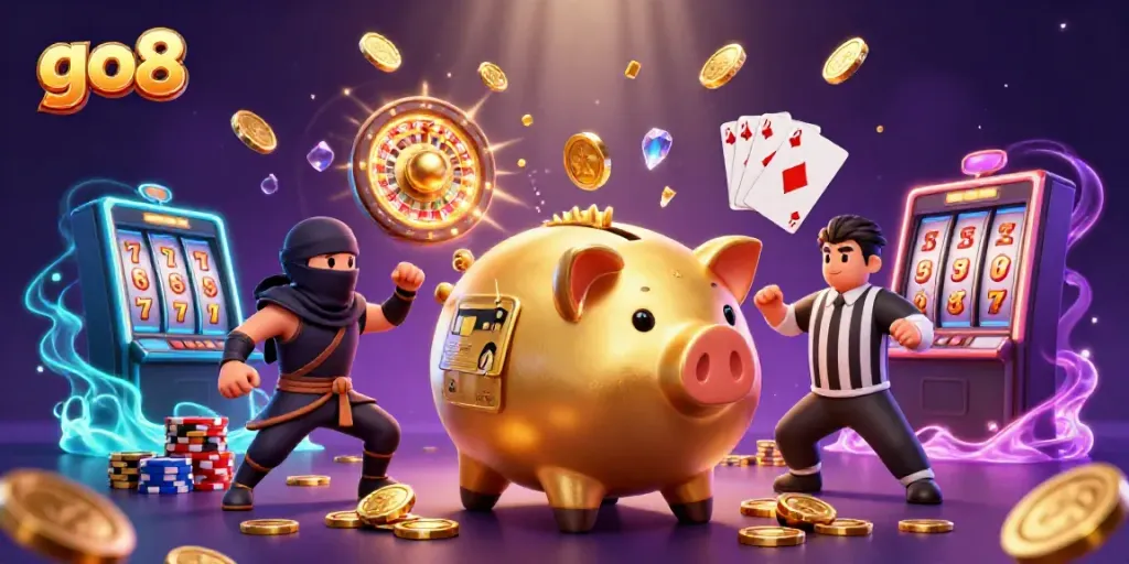 Experience go8 gaming with a dynamic scene of a golden piggy bank wrestler shaking coins in a vibrant casino