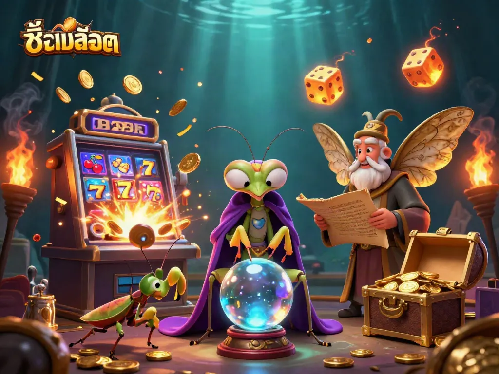 Experience the thrill of ชื่อเกมสล็อต with vibrant casino visuals, featuring fortune teller and slot machine elements.