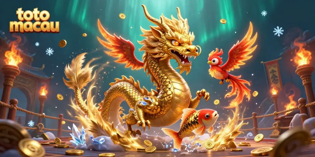 Visualisasi menarik tentang toto macau dengan naga emas dan phoenix, bersamaan dengan ikan koi meloncat di kolam uang.