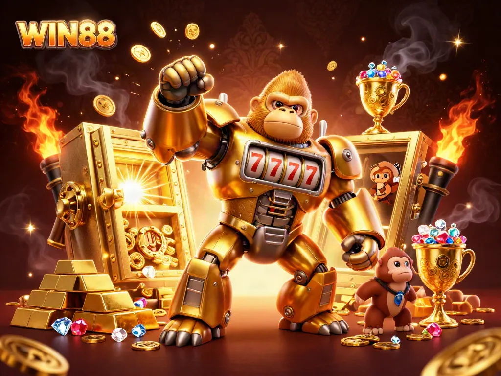 Engaging WIN88 casino scene with a golden gorilla mech, treasure vault, and shimmering gems