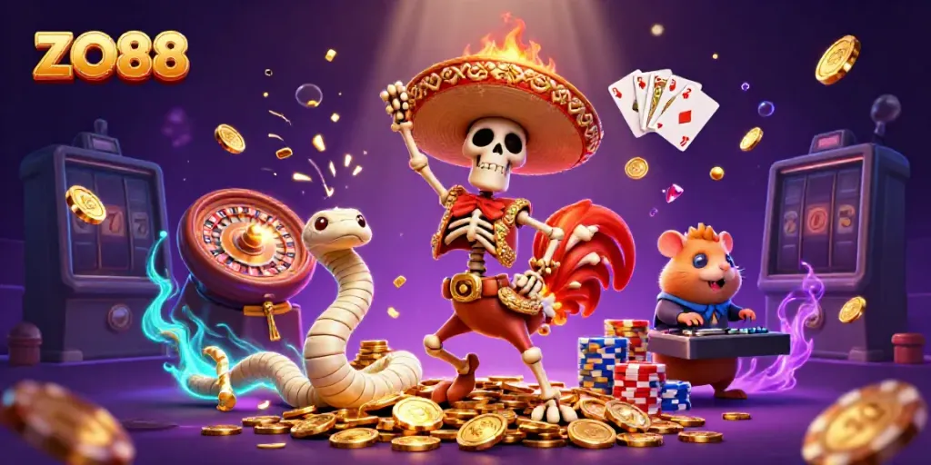 Join the vibrant fun at ZO88 with animated characters celebrating a casino atmosphere filled with gold coins and gems.