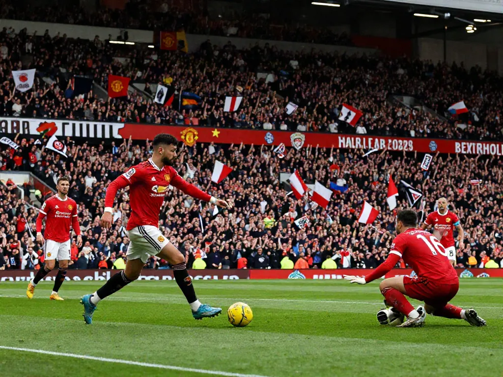 Exciting scene showcasing the fierce football rivalry as Manchester United competes against Liverpool, highlighting the keyword สถิติแมนยู พบ ลิเวอร์พูล.