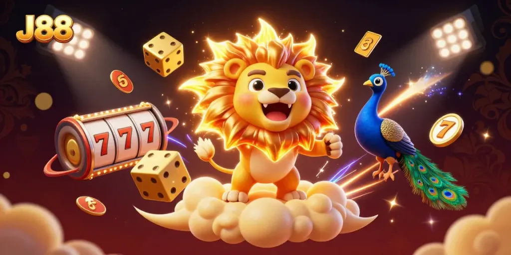 Experience the thrill of J88 with vibrant casino elements and a dynamic sun lion character.