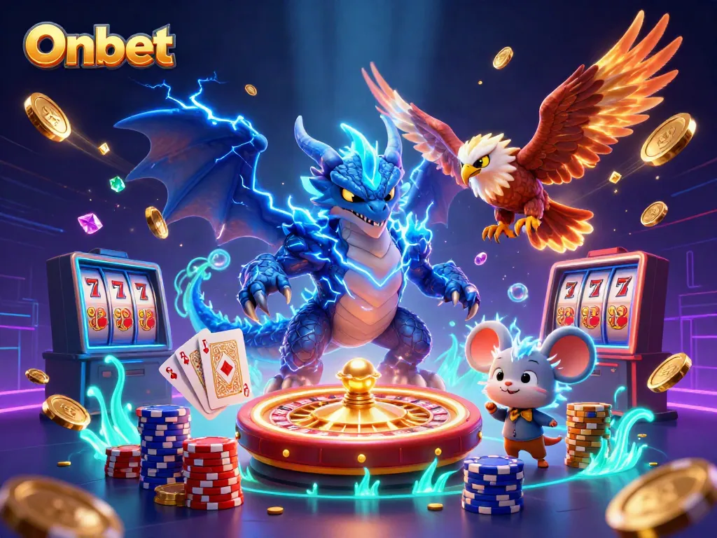 Engage with Onbet's thrilling games featuring a thunder dragon, roulette, and sparkling gems.